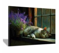 WUFIEA Lienzo decorativo para pared con diseño de gato El gato duerme plácidamente para el hogar, sala de estar, dormitorio, oficina（gris claro-70x100cm Enmarcado