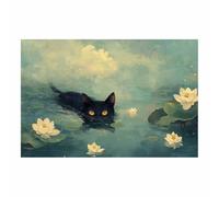 WUFIEA Lienzo decorativo para pared con diseño de gato Gato nadando entre hojas de loto para el hogar, sala de estar, dormitorio, oficina（negro-60x90cm Sin marco