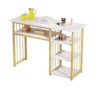 Wufuuoa Mesa de uñas con múltiples estantes abiertos, mesa de manicura moderna con parte superior de mármol y marco dorado, estación de uñas para almacenamiento de escritorio técnico para el hogar