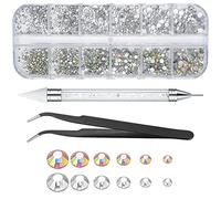 wugongshan Nail Art Rhinestones, Nail Gems, Flat Back Nail Art Crystals, AB Shiny Nail Crystals Gems with Rhinestone Picker Dotting Pen and Pick Up Tweezers, for Nail Art, Face, Teeth
