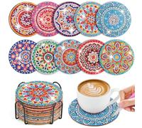 WuGU 10PCS Posavasos de Pintura Diamantes Con Soporte, DIY Arte de Mandala Antideslizantes Para Vasos de Bebidas de Bar, Principiantes, Adultos y Niños
