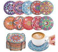 WuGU 10PCS Posavasos de Pintura Diamantes Con Soporte, DIY Arte Mandala Antideslizantes Para Vasos de Bebidas de Bar, Principiantes, Adultos y Niños