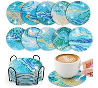 WuGU 10PCS Posavasos de Pintura Diamantes Con Soporte Para Bebidas de Bar - Arte Para Principiantes, Adultos y Niños - Océano