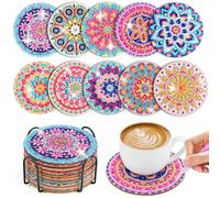 WuGU 10PCS Posavasos de Pintura Diamantes con Soporte, Posavasos de Diamantes DIY, Posavasos de Arte de Diamantes con Mandala Antideslizantes Vasos para Bebidas de Bar, Principiantes, Adultos y Niños