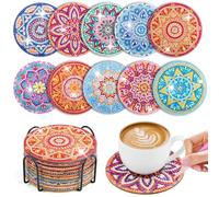 WuGU 10PCS Posavasos de Pintura Diamantes con Soporte, Posavasos de Diamantes, Posavasos de Arte de Diamantes con Mandala Antideslizantes Vasos para Bebidas de Bar, Principiantes, Adultos y Niños