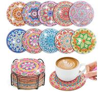 WuGU 10PCS Posavasos de Pintura Diamantes con Soporte, Posavasos de Diamantes, Posavasos de Arte de Diamantes con Mandala Antideslizantes Vasos para Bebidas de Bar, Principiantes, Adultos y Niños