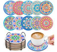 WuGU 10PCS Posavasos de Pintura Diamantes con Soporte, Posavasos de Diamantes, Posavasos de Arte de Diamantes con Mandala Antideslizantes Vasos para Bebidas de Bar, Principiantes, Adultos y Niños (F)