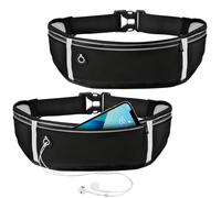 WuGU 2 PCS Riñonera Running para Correr, Riñonera Deportiva Impermeable Ajustable con Tiras Reflectante & Orificio Auriculares, Cinturon Running para Deporte, Ideal para Todo Tipo de Teléfonos (Negro)