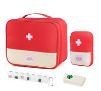 WuGU 2PCS Botiquín de Primeros Auxilios, Mini Kit Primeros Auxilios Trae Pastillero con 2 Cajas de Pastillas, Mini Botiquin de Primeros Auxilios Impermeable para Escuela, Viajes, Camping - Rojo