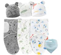 WuGU Baby Swaddle Wrap Manta, 3 Piezas Saco de Dormir para Recien Nacido con Gorro, Manta Envolvente para Bebé Orgánico Algodón 100%, Swaddle Bebe 0-3 Meses, 73x50 cm (con Baberos Bebe)