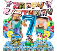 WuGU Decoración Cumpleaños 7 Años, 65 Piezas Set con Globos, Pancarta, Mantel, Platos, Servilletas para Fiesta