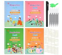 WuGU Libros Mágicos Reutilizable Niños, 4PCS Libros de Caligrafía para Niños, Escritura de Alfabeto y Múmeros, Ayuda para Wscribir y Plantilla de Dibujo, Cuaderno Mágico para Niños a Partir de 3 Años