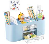 WuGU Organizador de Escritorio Creativo y Simple, Organizador de Mesa con 10 Compartimentos 2 Cajones, Lapiceros para Escritorio, Accesorios Escritorio, para Hogar, Oficina, Escuela (Azul)