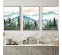 WUHBCZ Cartel de Lienzo,Acuarela de Bosque Verde Árbol Montaña Cordillera Nórdica Paisaje Natural Láminas de Arte Moderno para Pared Decoración de Sala de Estar-40 * 60cm-3pcs (impresión sin marco)