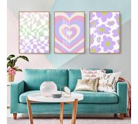 WUHBCZ Póster de Arte de Pared en Lienzo Morado Estilo Boho Kawaii Con Lindo Corazón y Margaritas Cuadro para Dormitorio de Niñas Sala de Estar Oficina Decoración Estética-60 * 70cm*3PCS (sin marco)
