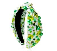 Wuhetyo Diadema para el día de San Patricio, diadema verde, diadema anudada con perlas adornadas y diamantes de imitación, diadema de trébol, regalos de vacaciones irlandesas, diadema para el día de
