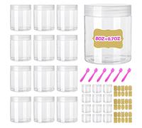 Wuiil AMORIX 8oz Clear Plastic Jars with Lids 8 oz Plastic Containers with Lids + 20g Sample Containers (Set of 24) Airtight Container for Dry Food, Cream, Sugar Scrub, Slime + Free Labels & Spatulas