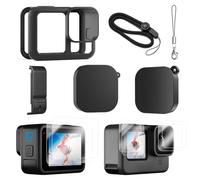 WUISOLQP Para GoPro accesorios con puerta de batería resistente al polvo, protector de pantalla, funda de goma y correa para el cuello y tapa de objetivo para Go Pro Hero 13 Black Silicona