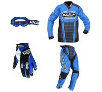 Wulf Kids Mx 2024 Motocross Suit with Stratos Off Road Gloves and Goggles for Junior Motorbike Motorcycle ATV Quad Dirt Bike BMX Racing Kit - BLUE : 8-10 years - GLOVES : 2XS