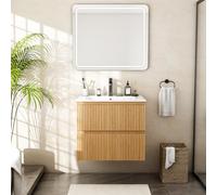 Wumagin Mueble de Baño Suspendido 60 cm con Lavabo de Cerámica y 2 Cajones Profundos | Panel con Acabado Estriado Vertical, MDF E1 Antihúmedo, Color Roble