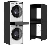 Wumagin Mueble para Lavadora, Armario Lavadora Secadora, Estanteria Lavadora con Estante Extraíble, Soporte en X y Dispositivo Antivuelco Mueble Vertical para Baño y Lavandería Doméstica,Negro
