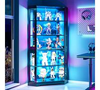 Wumagin Vitrina de Esquina de Cristal con Luces LED de 180 cm, Vitrina Expositora para Colecciones 5 Niveles con Luces Dinámicas y Sensor para Dormitorio, Salón (180 x 80 x 50 cm)