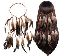 WUMZIRA Diadema de Plumas Tocado Indio Hippie Bohemio para Mujer, Cinta de Pelo Larga Estilo Étnico para Festivales, Carnaval y Fiestas Temáticas, Accesorio de Pelo Vintage Ajustable
