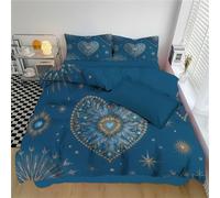 WunM Studio 3 Piece Bed Linen Set,Soft Breathable Modern Patrón de corazón y Estrella,Amor Noble y Elegante Duvet Cover Set with 1 Duvet Cover + 2 Pillow Cases Azul Oscuro Bed Cama 135/150-220×240CM