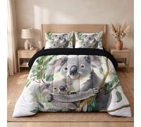 WunM Studio Funda Nórdica 135x200cm,Diseño 3D Hojas de eucalipto y Koala,Animal,Reversible,Cierre de Cremallera,Suave Ropa de Cama de Microfibra,Costura en Forma de U