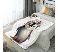 WunM Studio Manta de Polar para Sofá,Reversible,Ligera y Ultra Suave,Manta de Cama de Felpa Cálida con Patrón Animales Lindos y de ensueño Decorativo,Retrato de pingüino de Flores,Azul,155×220CM