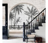 WunM Studio Papel tapiz fotográfico muro de Dibujando una selva tropical 250x175cm tissu non tissé Fondo De Pantalla XXL Moderna Decoración De Pared Sala Cuarto Oficina Salón,Loros, perezosos