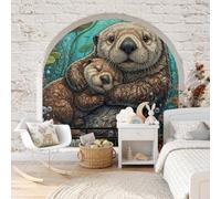 WunM Studio Papel tapiz fotográfico muro de Fauna silvestre del bosque 400x280cm tissu non tissé Fondo De Pantalla XXL Moderna Decoración De Pared Sala Cuarto Oficina Salón,Nutria, nenúfar