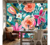 WunM Studio Papel tapiz fotográfico Plantas con flores modernas Rosas y tulipanes 200x140cm tejido no tejido Fondo De Pantalla XXL Moderna Decoración De Pared Sala Cuarto Oficina Salón Vistoso