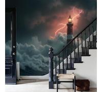 WunM Studio Papel tapiz Vista al mar 250x175cm tejido no tejido (TNT) Pantalla XXL Faro,olas,relámpagos Moderna Decoración De Pared Sala Cuarto Oficina Salón amarillento,Azul oscuro