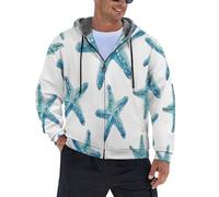 WunM Studio Sudadera con Capucha de Forro Polar 3D,Chaqueta de Invierno con Cremallera y Bolsillos,Diseño Patrón de estrella de mar azul, Estampado en 3D,Abrigo Cálido Unisex,estilo playero