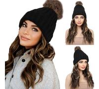 WUODHTW Beanie sombrero peluca invierno cálido punto negro Beanie sombrero con 12" extensión de cabello ondulado sintético peluca de punto