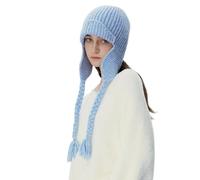 WUODHTW Winter Hat for Women's Cable Knit Aviator Hat Winter Beanie Hats Fleece Knit Earflap Scarf Hats Snow Ski Skull Cap (Blue)