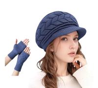 WUODHTW Women Winter Warm Knit Hat Wool Snow Ski Caps Slouchy Beanie Hats Winter Berets Skull Cap with Glove Visor Brim (Navy)