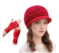 WUODHTW Women Winter Warm Knit Hat Wool Snow Ski Caps Slouchy Beanie Hats Winter Berets Skull Cap with Glove Visor Brim (Red)