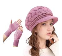 WUODHTW Women Winter Warm Knit Hat Wool Snow Ski Caps Slouchy Beanie Hats Winter Berets Skull Cap with Glove Visor Brim (P Purple)