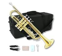 WUQIMUSC Juego de trompeta estándar para principiantes, trompeta de estudiantes, instrumento de trompeta de latón, bemol, con boquilla 7C, paño de limpieza, guantes y funda de transporte rígida