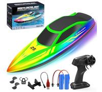 WUQNGI Barco Teledirigido Profesional con Luces LED de 7 Modos, Lancha Teledirigida de Alta Velocidad para Niños y Adultos, Barco RC para Piscina y Lago, 2 Baterías 120 Min, 2.4GHz, Autoadrizable