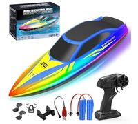 WUQNGI Barco Teledirigido Profesional con Luces LED de 7 Modos, Lancha Teledirigida de Alta Velocidad para Niños y Adultos, Barco RC para Piscina y Lago, 2 Baterías 120 Min, 2.4GHz, Autoadrizable
