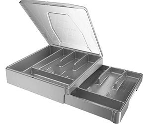 WURDON Organizador de cubiertos de doble capa con tapa, bandeja de cubiertos para encimera, bandeja de cubiertos para cajones de cocina con soporte para utensilios de 2 niveles y 9 compartimentos