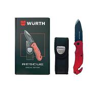 WURTH - Navaja de Rescate Plegable, Cuchillo Supervivencia de Bolsillo, Hoja de Acero Inoxidable Japones com Punta Rompevidrio y Cutter Cinturón, WURTH SPECIAL EDITION con Funda Cinturon y Estuche