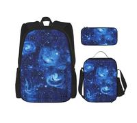 WURTON Blue Universe Space Galaxy Print 3 en 1 juegos de mochila de hombro ajustable casual bolsa de almuerzo estuche estuche estuche, Negro -, Talla única