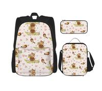 WURTON Bonita mochila de hombro con estampado de búho 3 en 1, juego de lonchera, estuche para lápices, viajes, laptop, mochilas de día