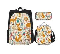 WURTON Bonito estampado floral de animales, 3 en 1, casual, ajustable, mochila de hombro, bolsa de almuerzo, estuche para lápices, Negro -, Talla única