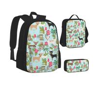 WURTON Divertida mochila para adolescentes, diseño de gatos, pájaros y flores, juego de 3 en 1 (estuche + bolsa escolar + bolsa de almuerzo), Piña Perro, Talla única