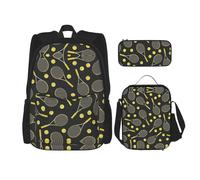 WURTON Divertidas raquetas de tenis y pelotas de tenis con estampado de mochila escolar 3 en 1 con lonchera y estuche para lápices, mochilas de viaje para laptop, Negro -, Talla única